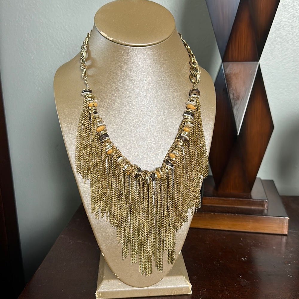 Express Gold Tone Beaded Chain Fringe Statement Necklace